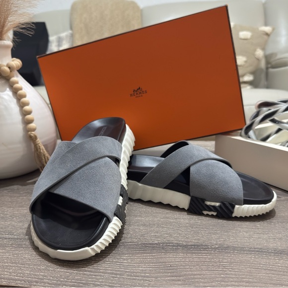 Hermes Gray and Black Men's Slide Sandals - Picture 1 of 8